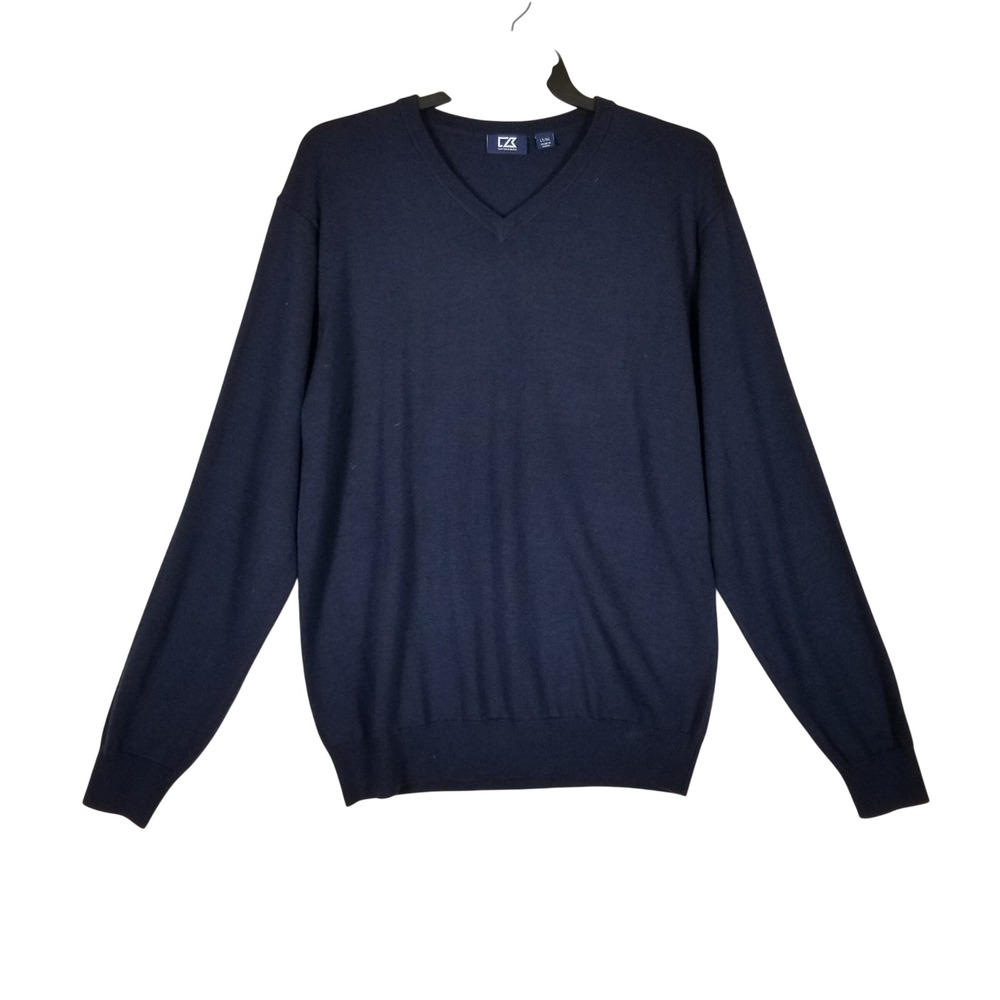 Cutter & Buck V-Neck Sweater Mens LT Navy Blue Merino Wool Blend Fine Knit